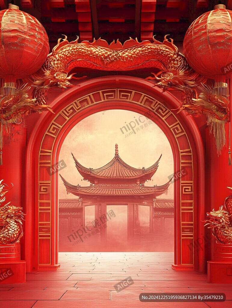 新年門頭門樓拱門背景