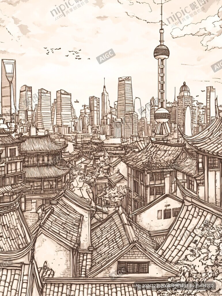 北上廣深插畫線稿水墨