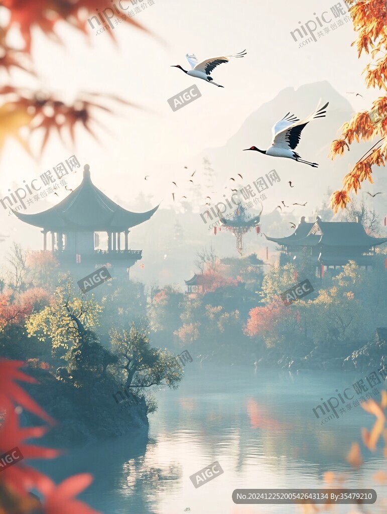 古風秋天景色插畫