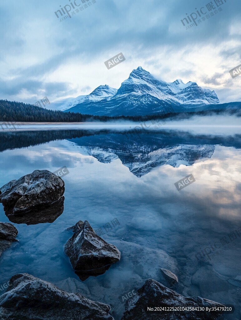 云霧繚繞雪山倒影