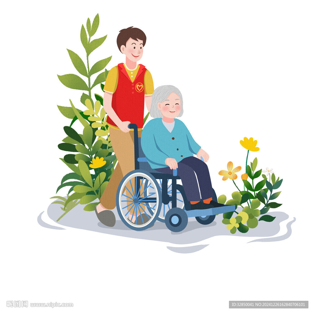 卡通志愿者推輪椅關愛老插畫