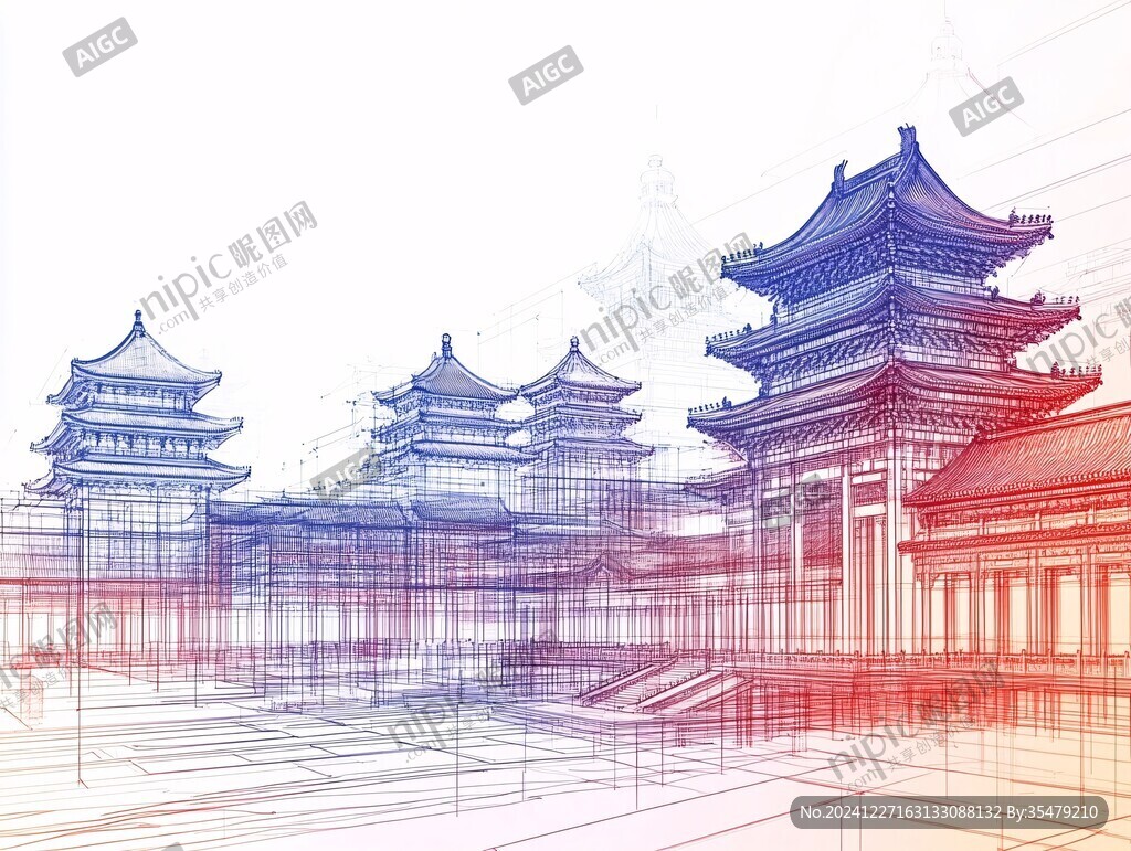 橫店旅游線描建筑插畫