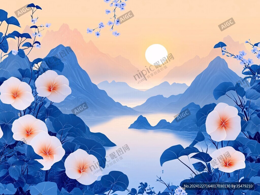 中式山湖插畫
