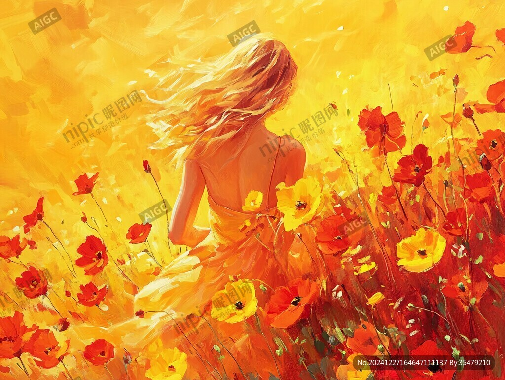 花叢女孩插畫