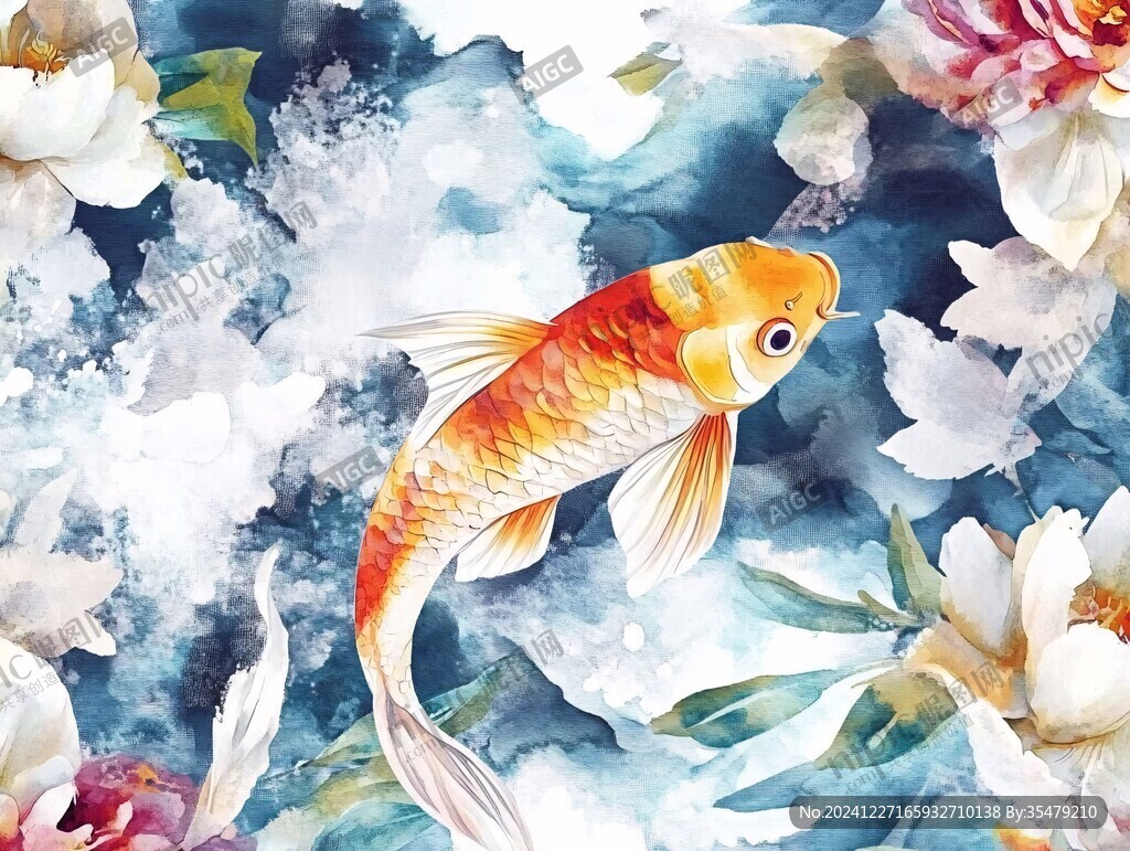 手繪牡丹金魚插畫