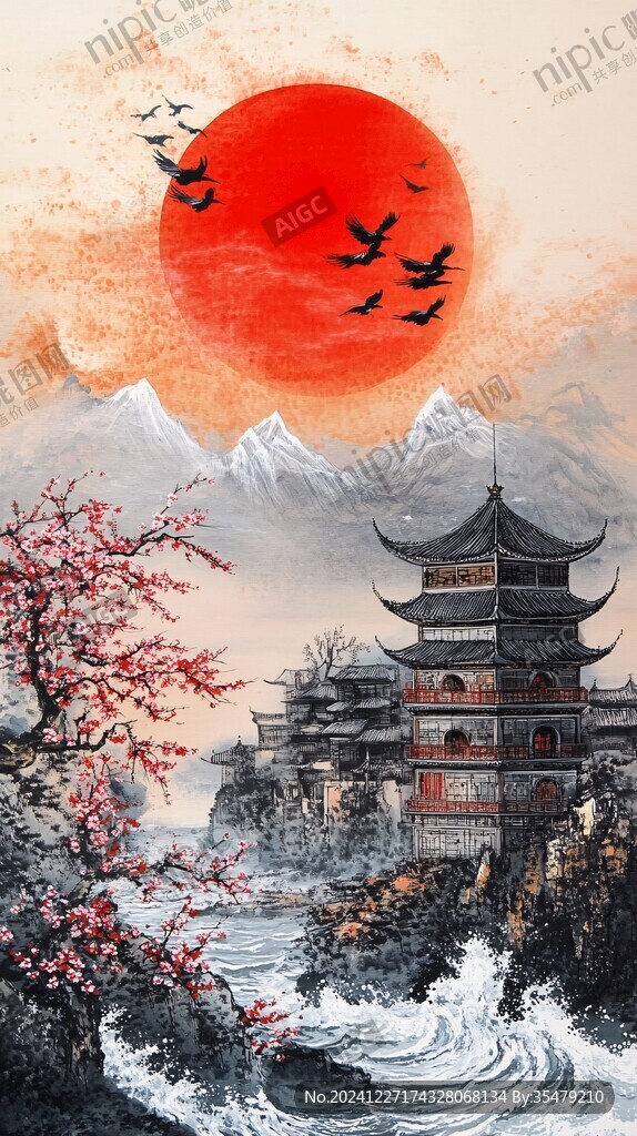 旭日東升樓閣山水畫