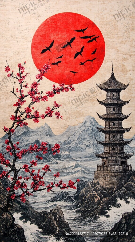 旭日東升樓閣山水畫