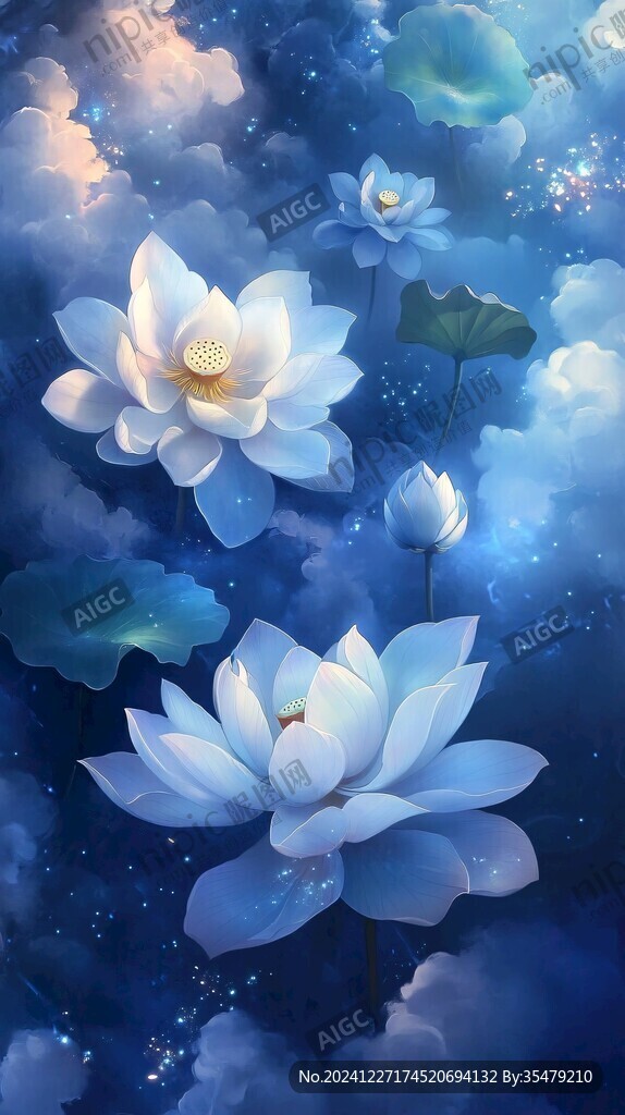 深藍背景荷花圖