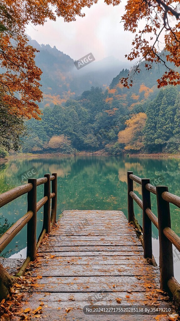 湖邊棧道秋色