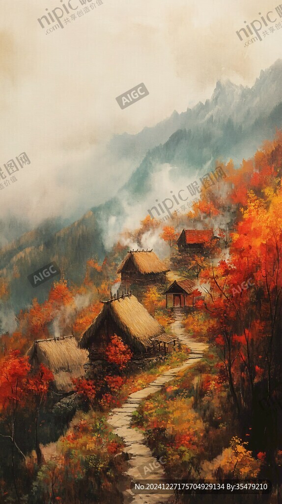 唯美秋天風景油畫