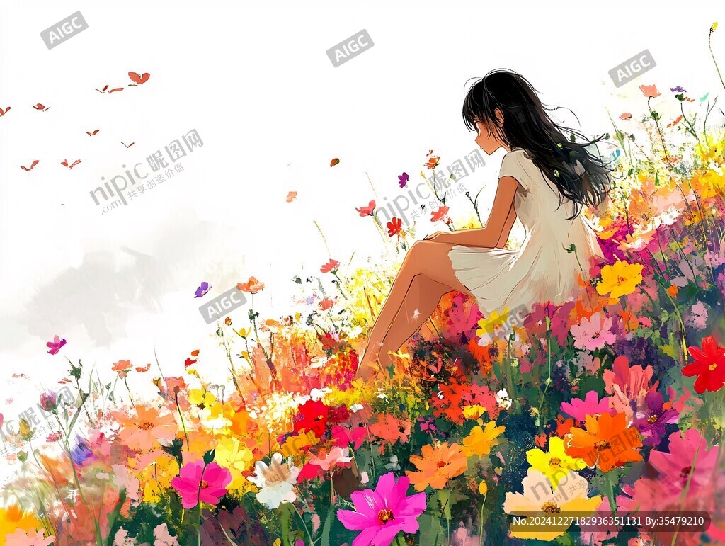 花叢里坐著的女孩
