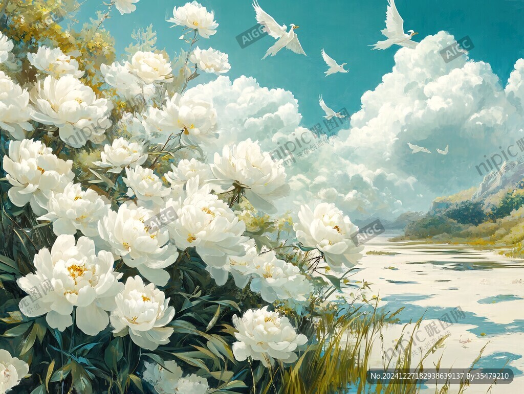 藍天白云鮮花油畫