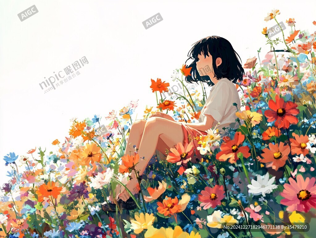 花叢里坐著的女孩