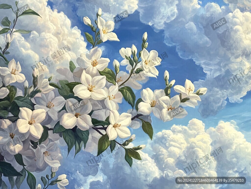 藍天白云鮮花油畫