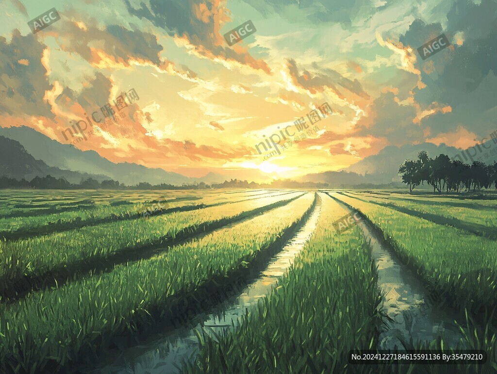 稻田黃昏田野夕陽