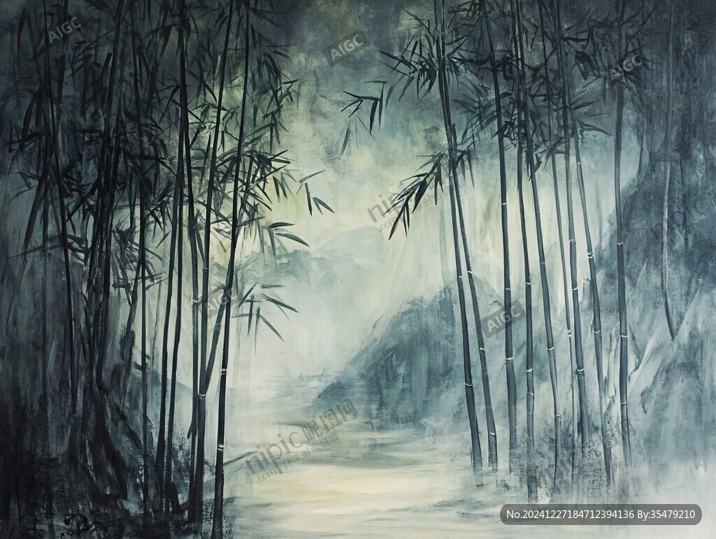 竹林油畫