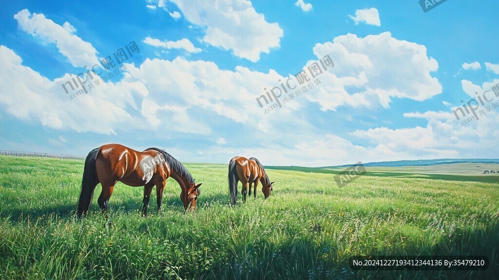 草原上兩匹馬背景素材