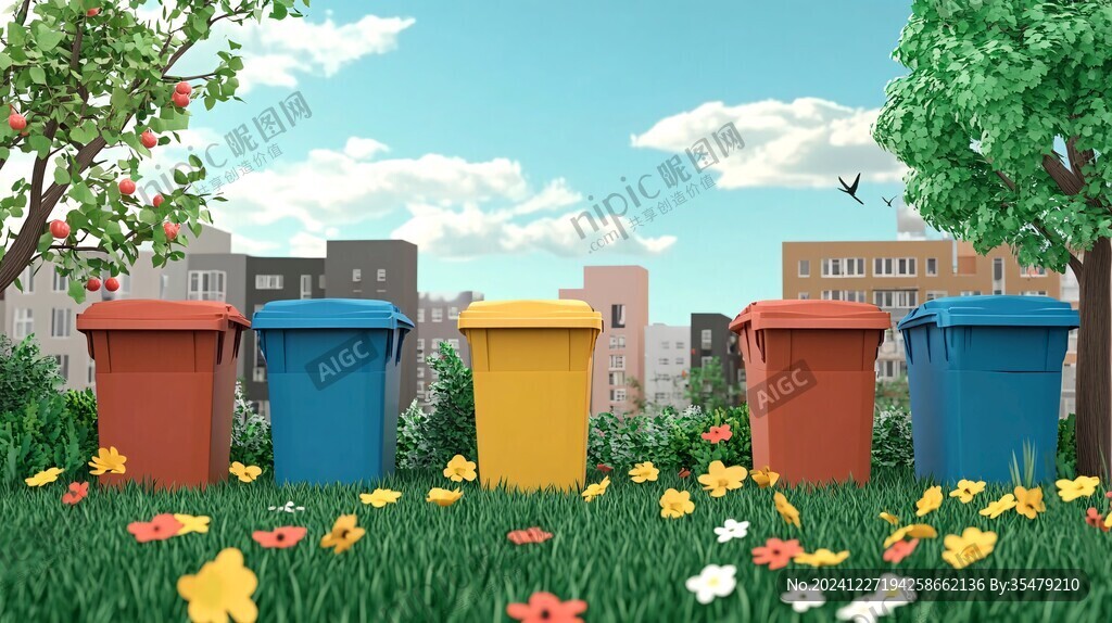 花叢中的垃圾桶