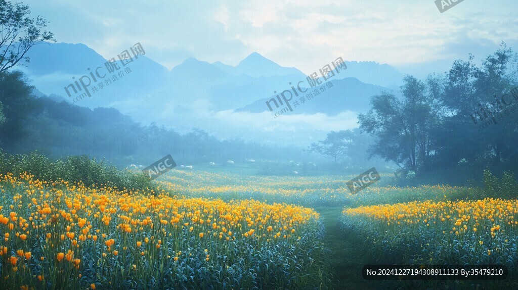 花海遠(yuǎn)山云霧