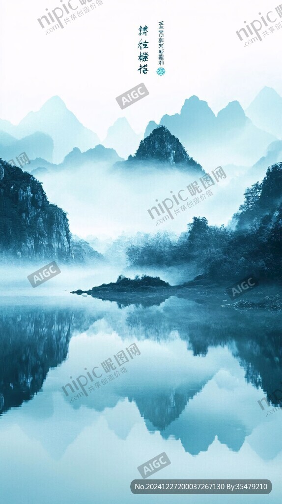水墨山水倒影禪境