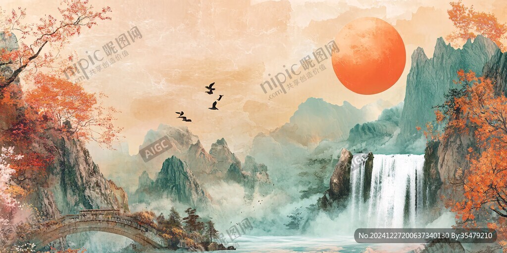 紅葉古風山水畫