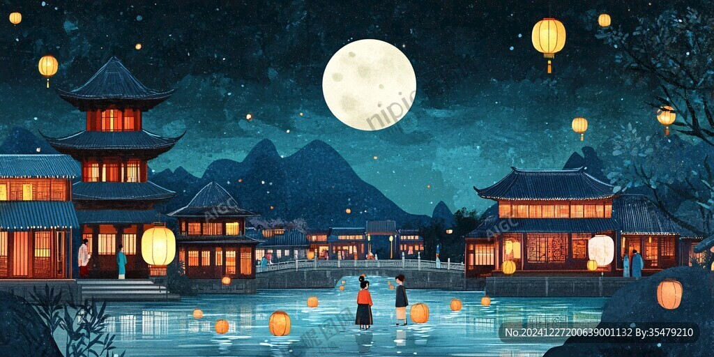 虎溪夜月景點插畫