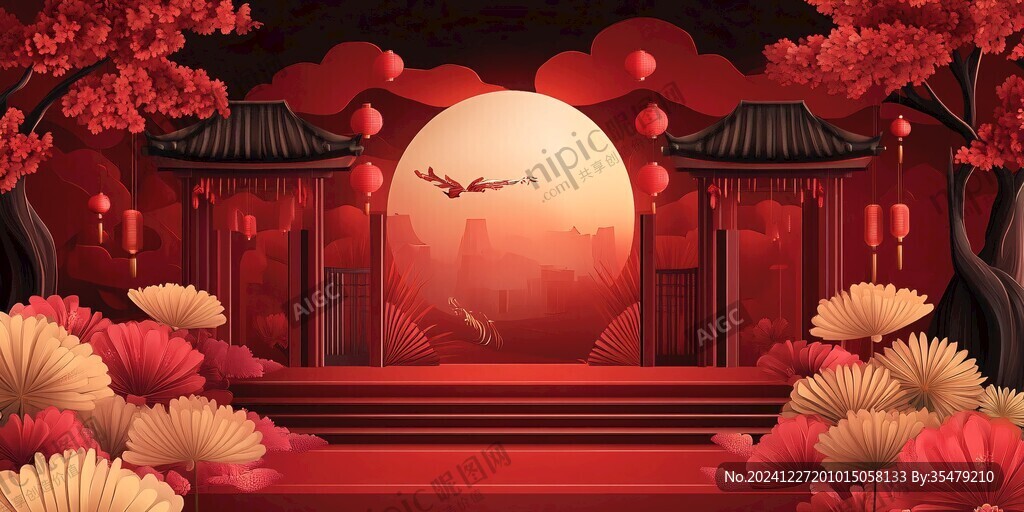 新中式暗紅色舞臺(tái)背景