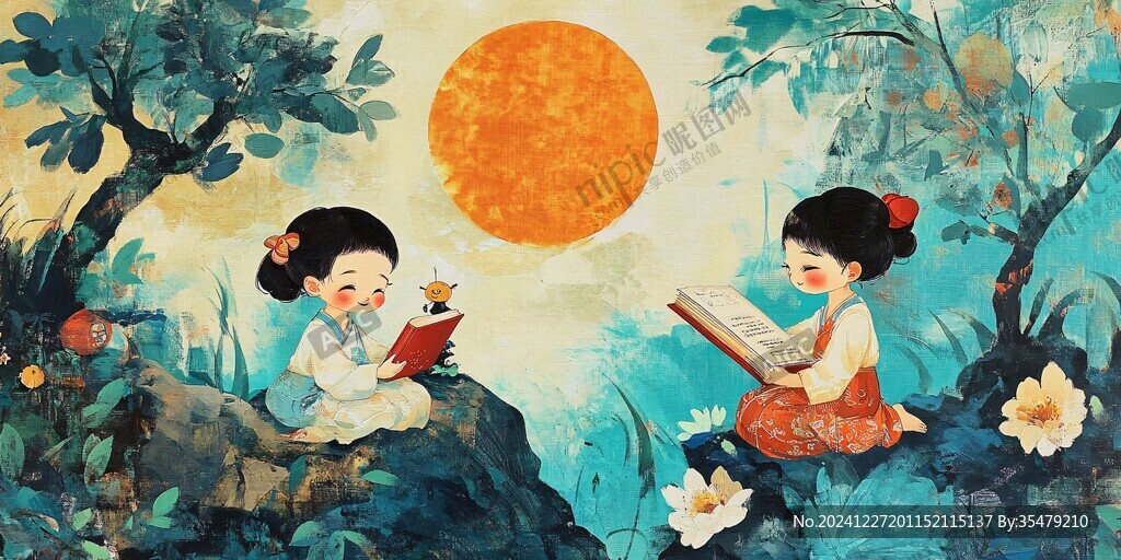屏風(fēng)墨韻禪意兒童插畫