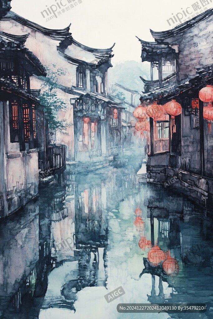 插畫西塘水彩水墨山水