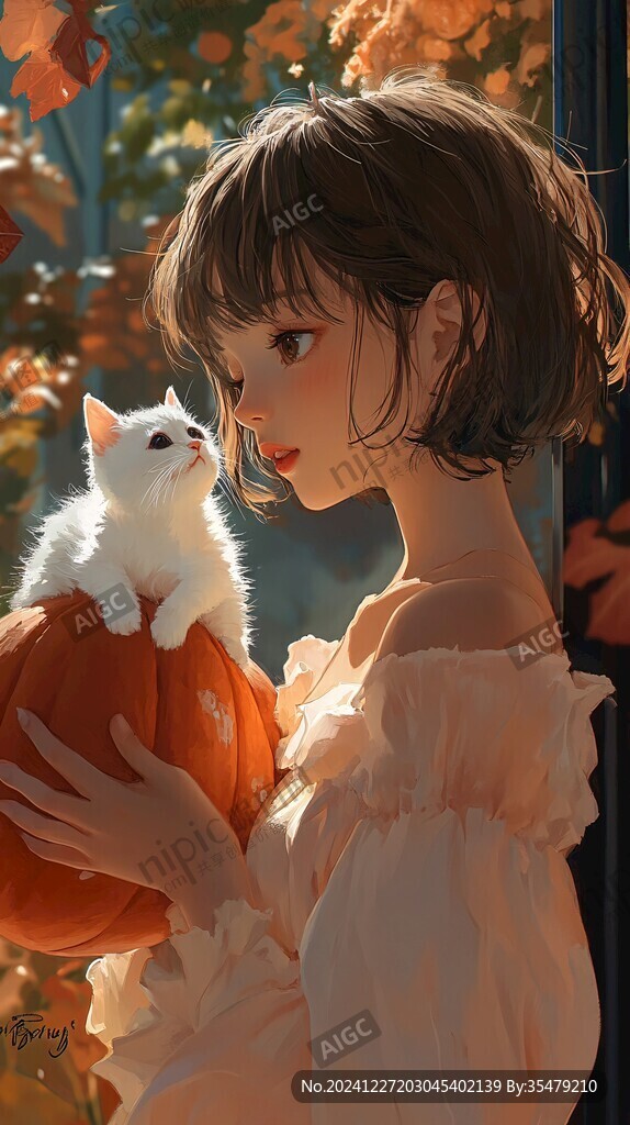 擼貓少女插畫