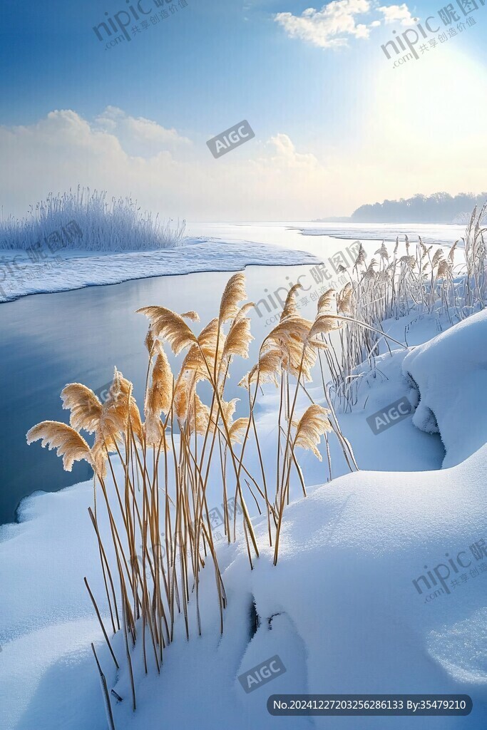 雪地逆光蘆葦