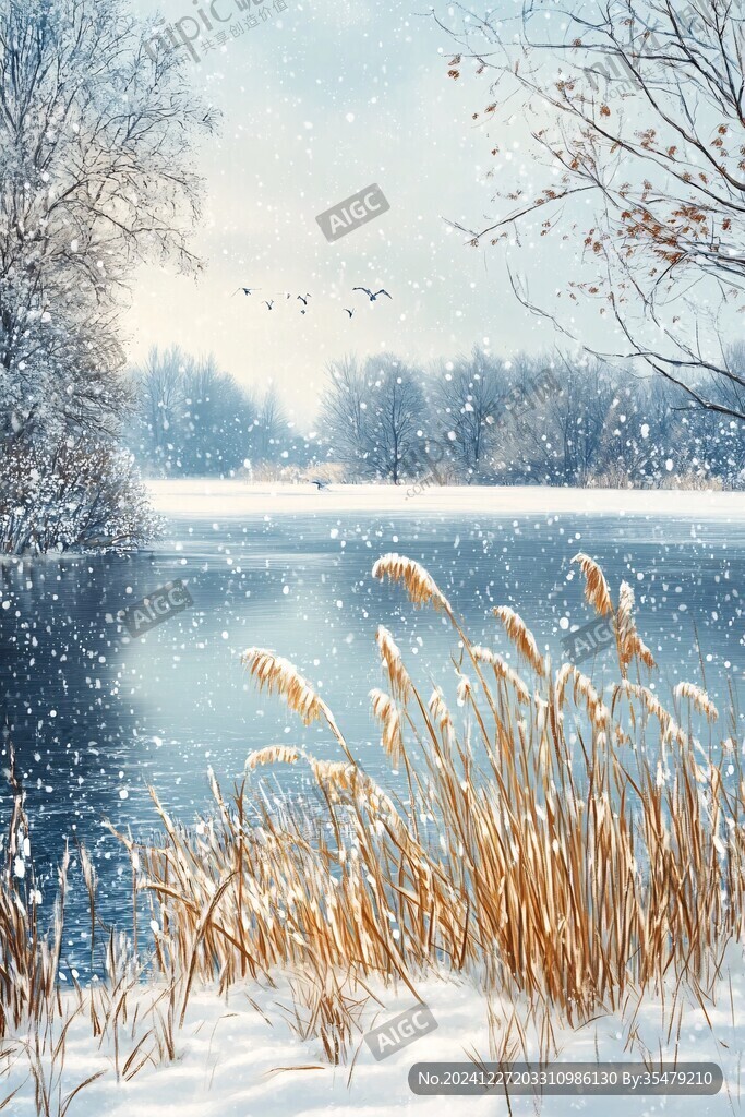 湖邊水草積雪草地