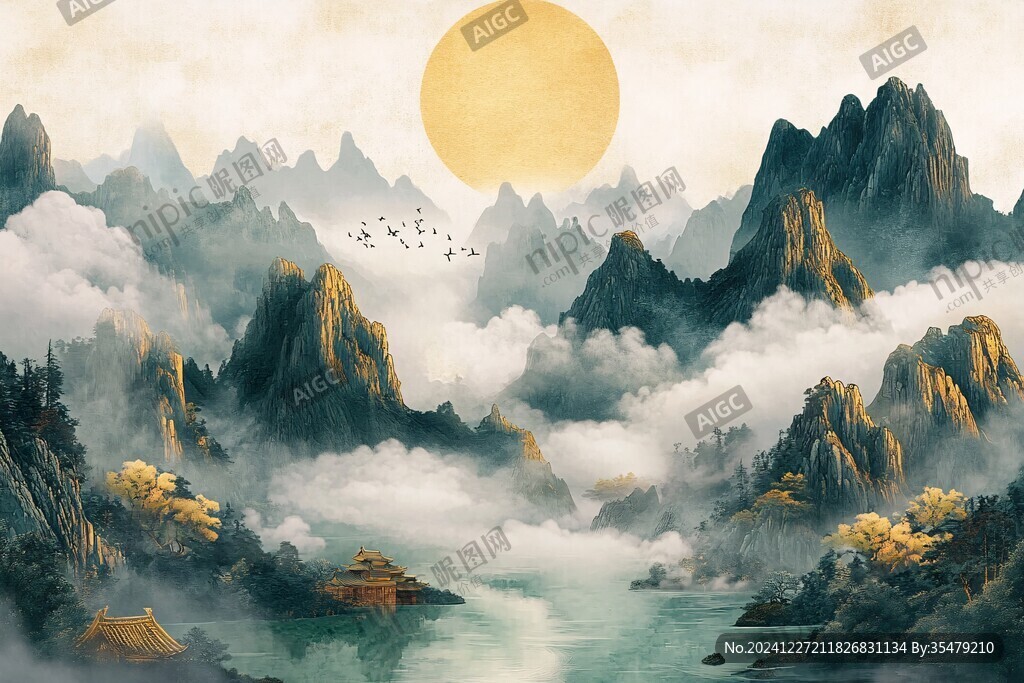 手繪古風金碧山水畫