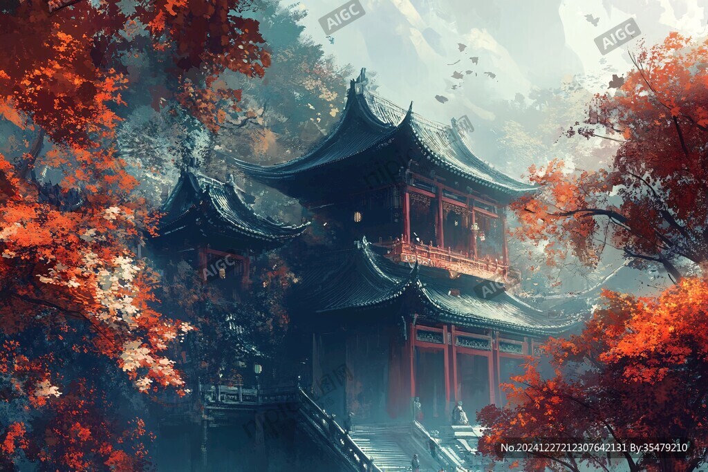 樓閣古風仙鹿仙景