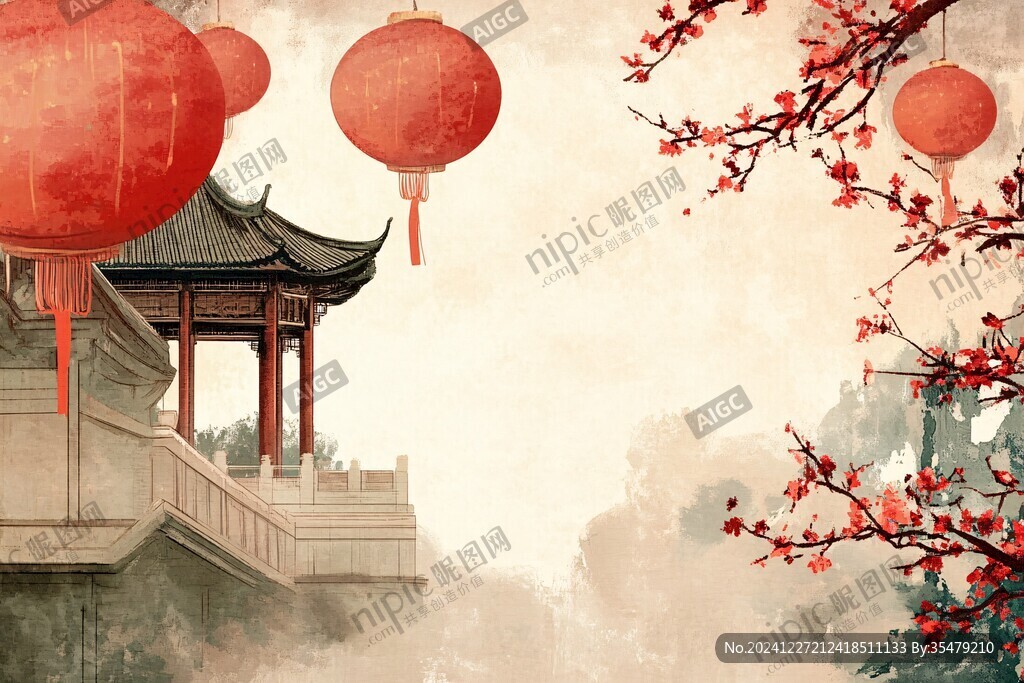 中式梅花閣樓背景