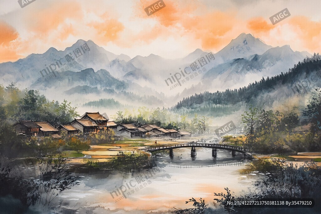 插畫橫店水彩水墨山水