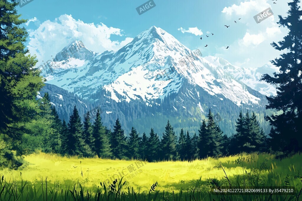 手繪森林山峰草地