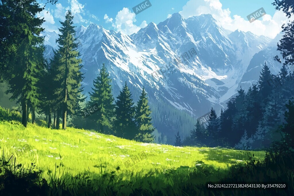 手繪森林山峰草地