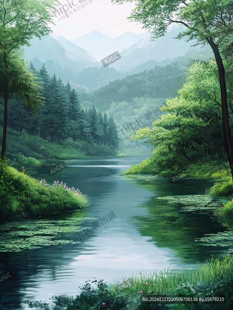 森林湖泊風(fēng)景畫