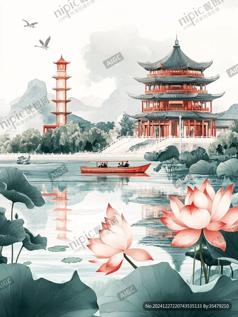 花鳥山水古建筑插畫