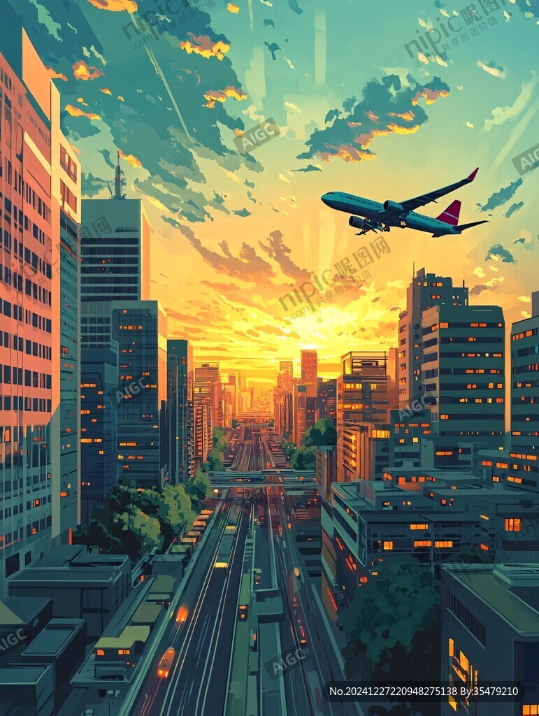 插畫城市夕陽