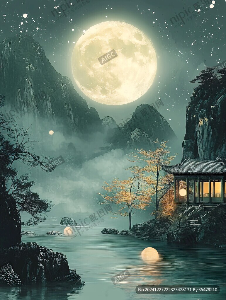 山水裝飾畫唯美中秋