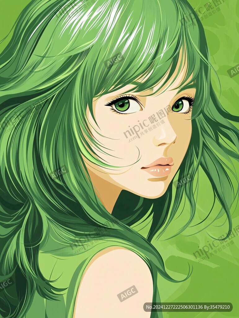 手繪綠色小女孩