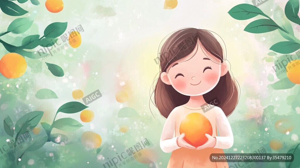 采柑果女孩插畫