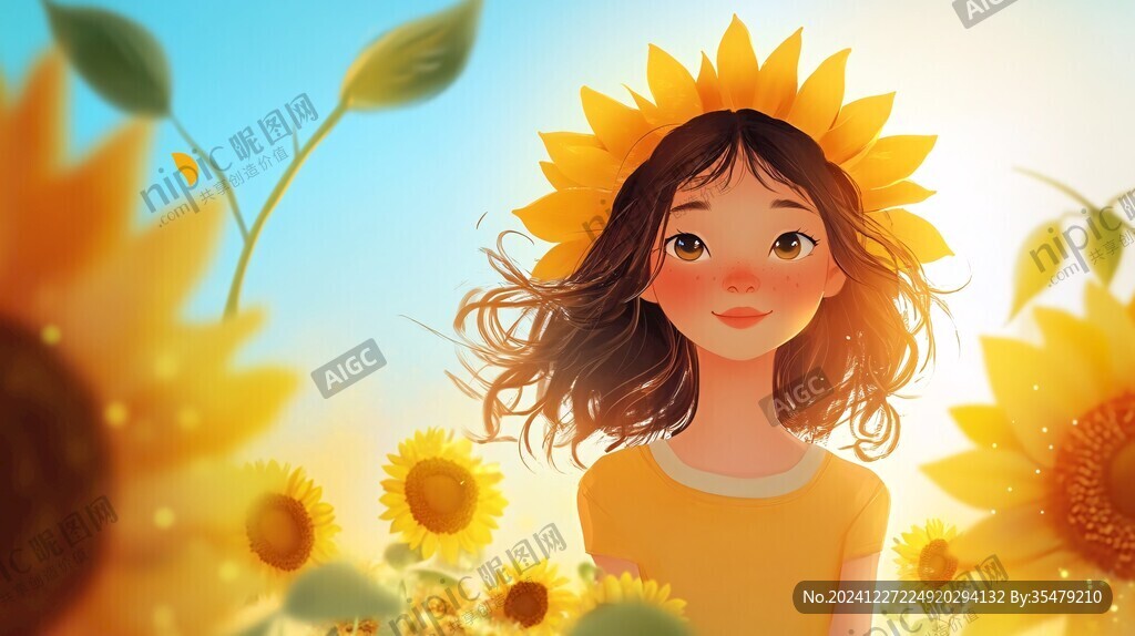向日葵花叢中的少女