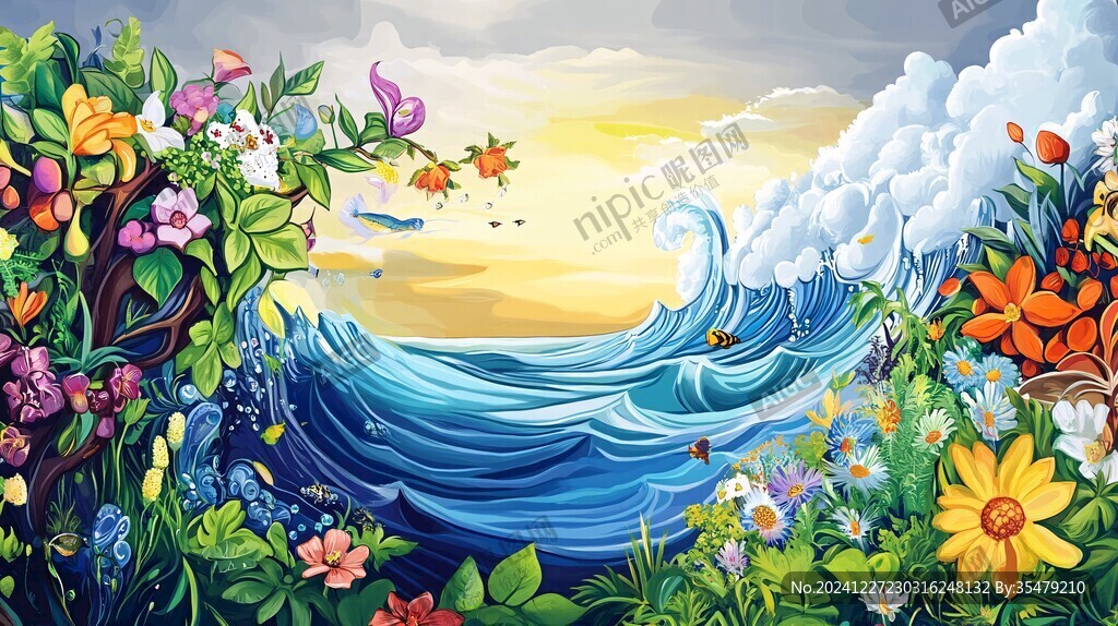 海洋海浪花插畫