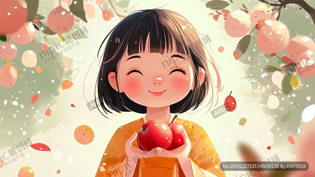 小女孩摘蘋果插畫