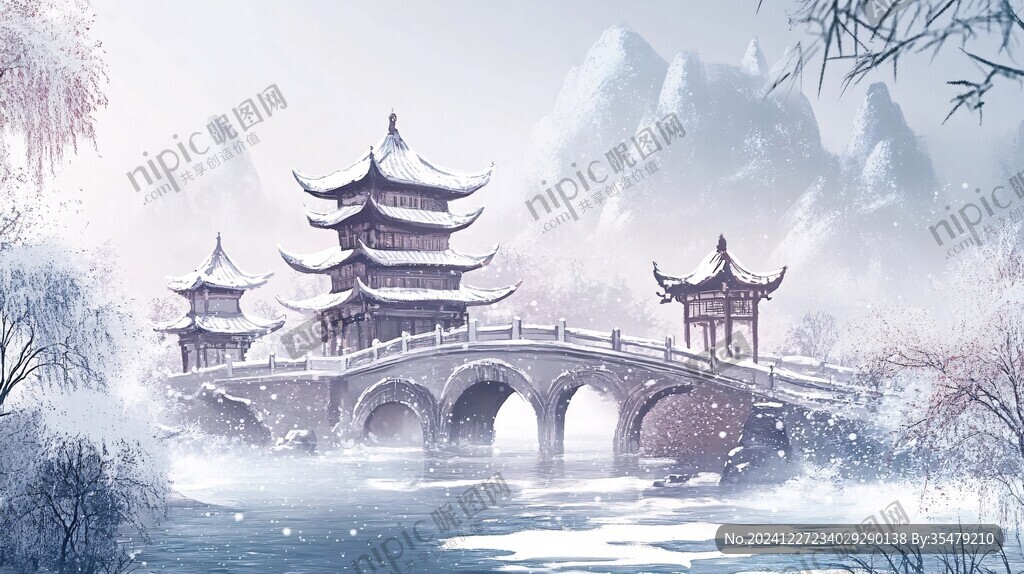 炫彩漸變山水古建插畫