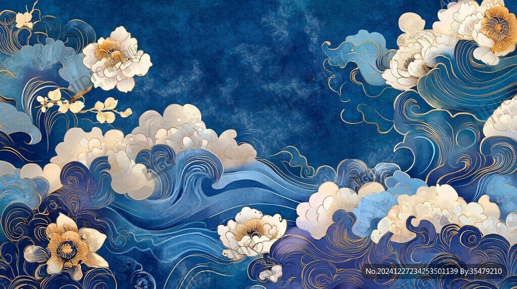海浪仙鶴云紋中式背景