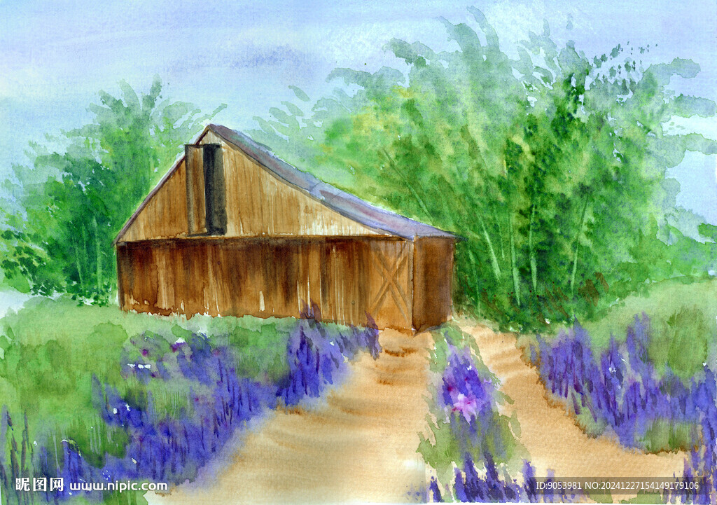 林中小屋水彩畫